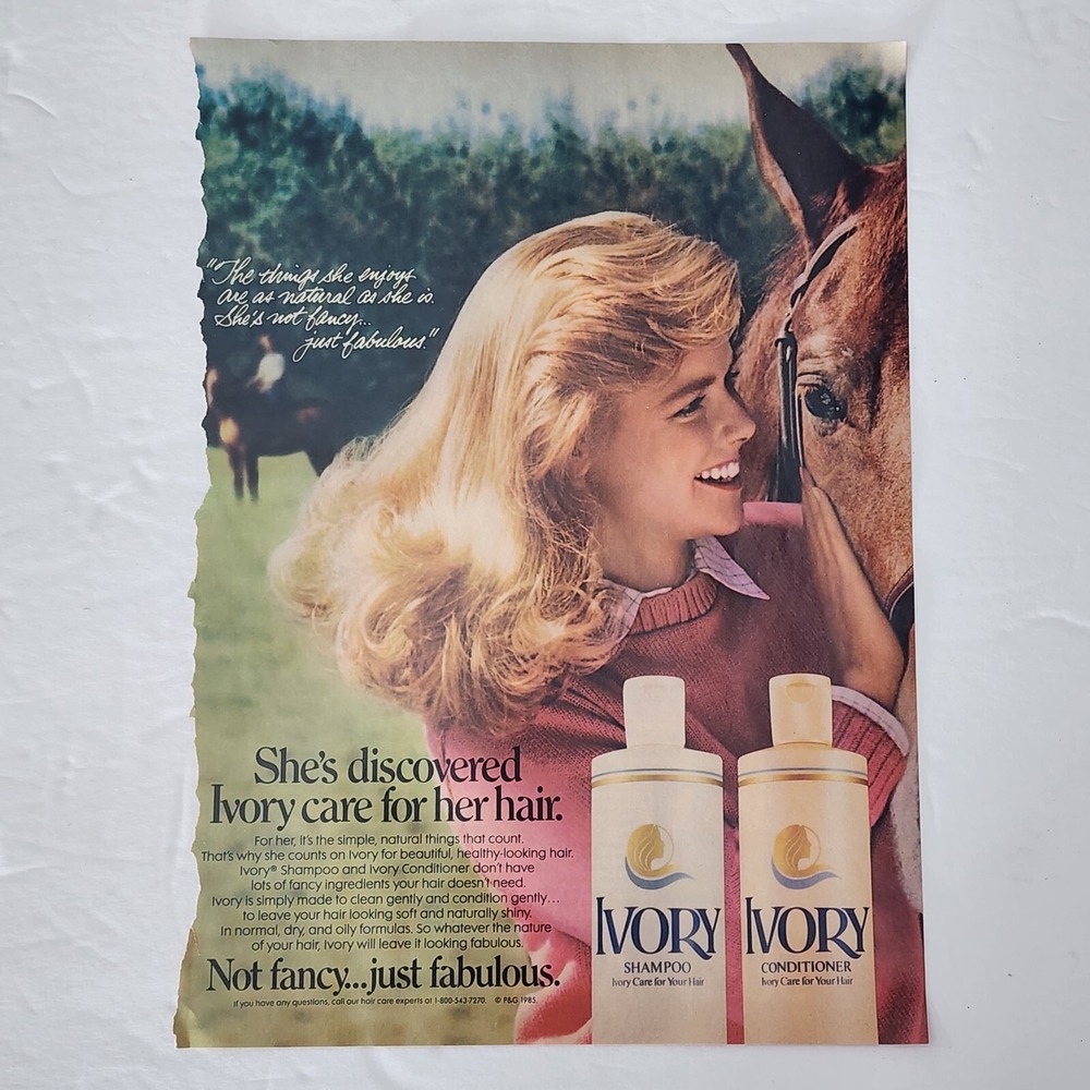 Vintage Print Ad Ivory shampoo conditioner blonde model horse clipping 1985